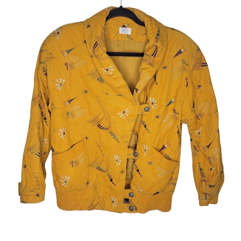 Vintage 80s 90s Cathedral Corduroy Cowlneck Womens Puffy Button Latch Jacket